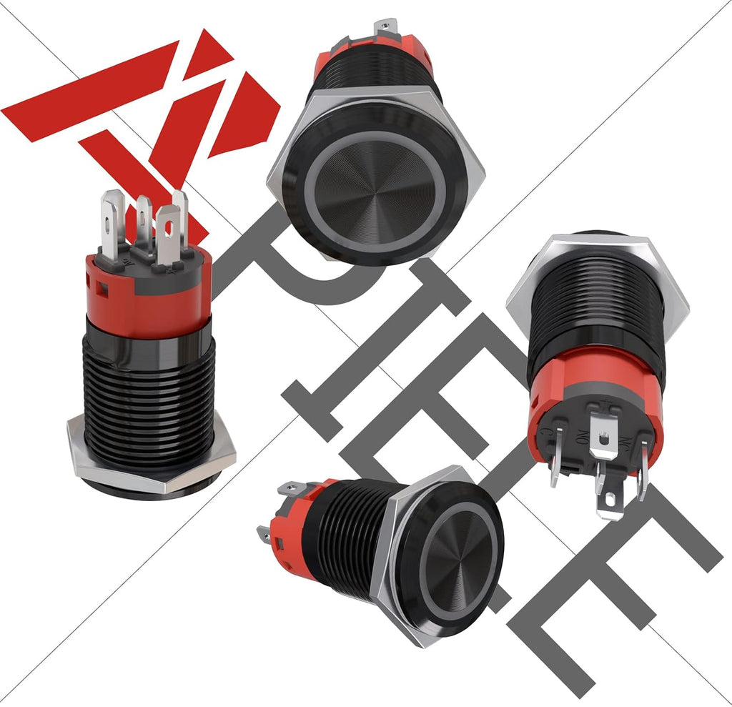 APIELE 16mm Latching Push Button Switch 12V DC On Off Black Shell with LED Angel Eye Head for 0.63" Mounting Hole with Wire Socket Plug Self-Locking (Red/Black Shell)