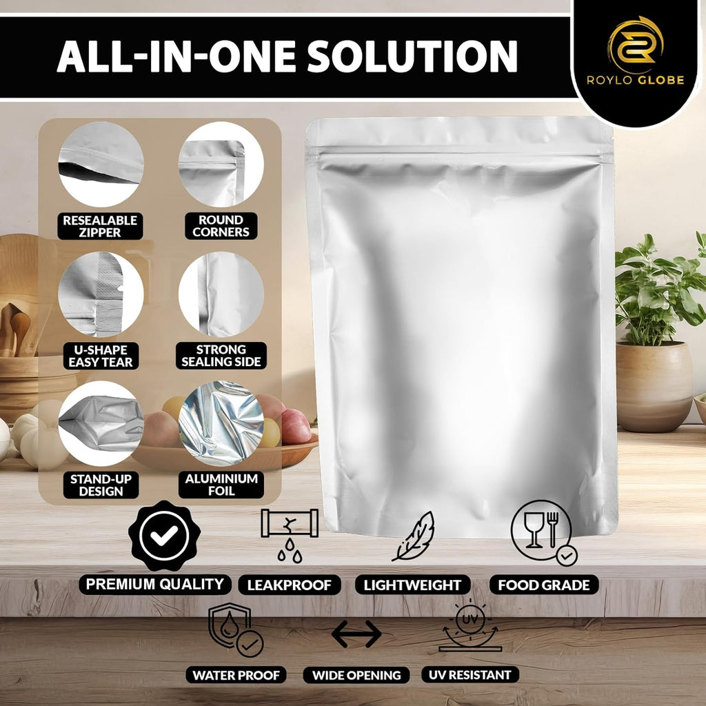 120 Mylar Bags with 150 Oxygen Absorbers-168 Labels & Stand-Up Reusable | 4 Sizes Airtight Smell Proof Resealable