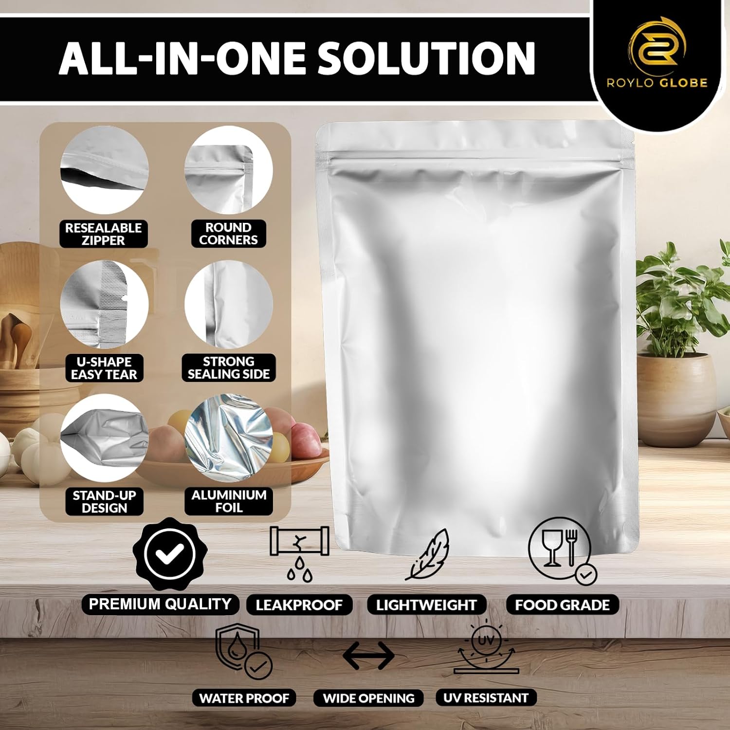 120 Mylar Bags with 150 Oxygen Absorbers-168 Labels & Stand-Up Reusable | 4 Sizes Airtight Smell Proof Resealable