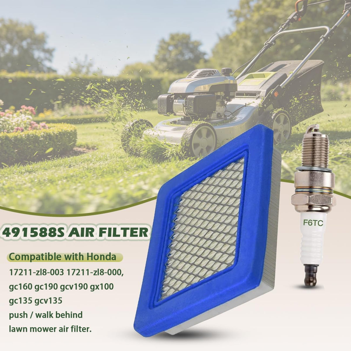 491588S 491588 Air Filter for Briggs & Stratton 491588 Troy-Bilt TB110 TB230 TB210 Toro 20332 Craftsman 33644 Push Lawn Mower & F6TC Spark Plug