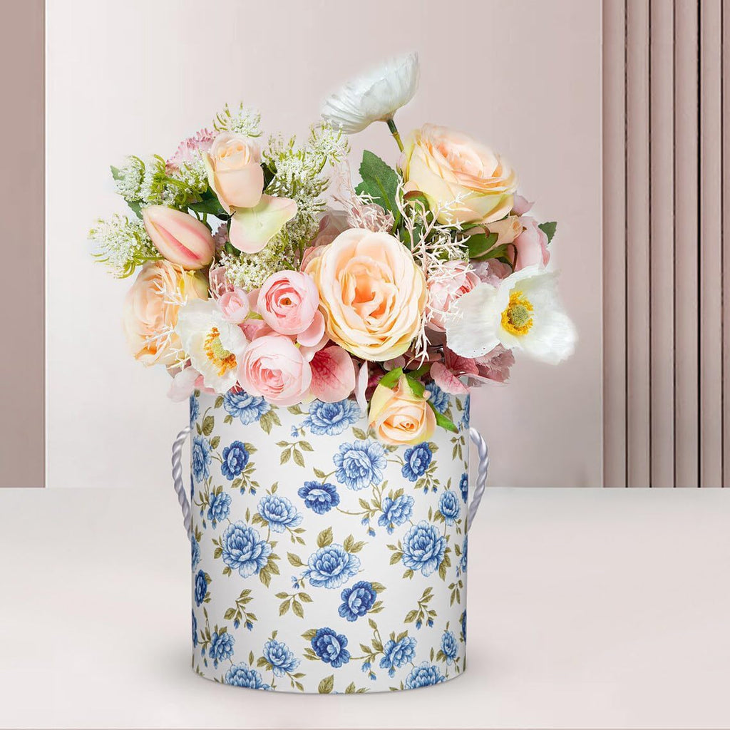 White and Blue Gift Box with Lids Set of 3 Round Nesting Gift Boxes for Presents 3 Assorted Sizes Flowers