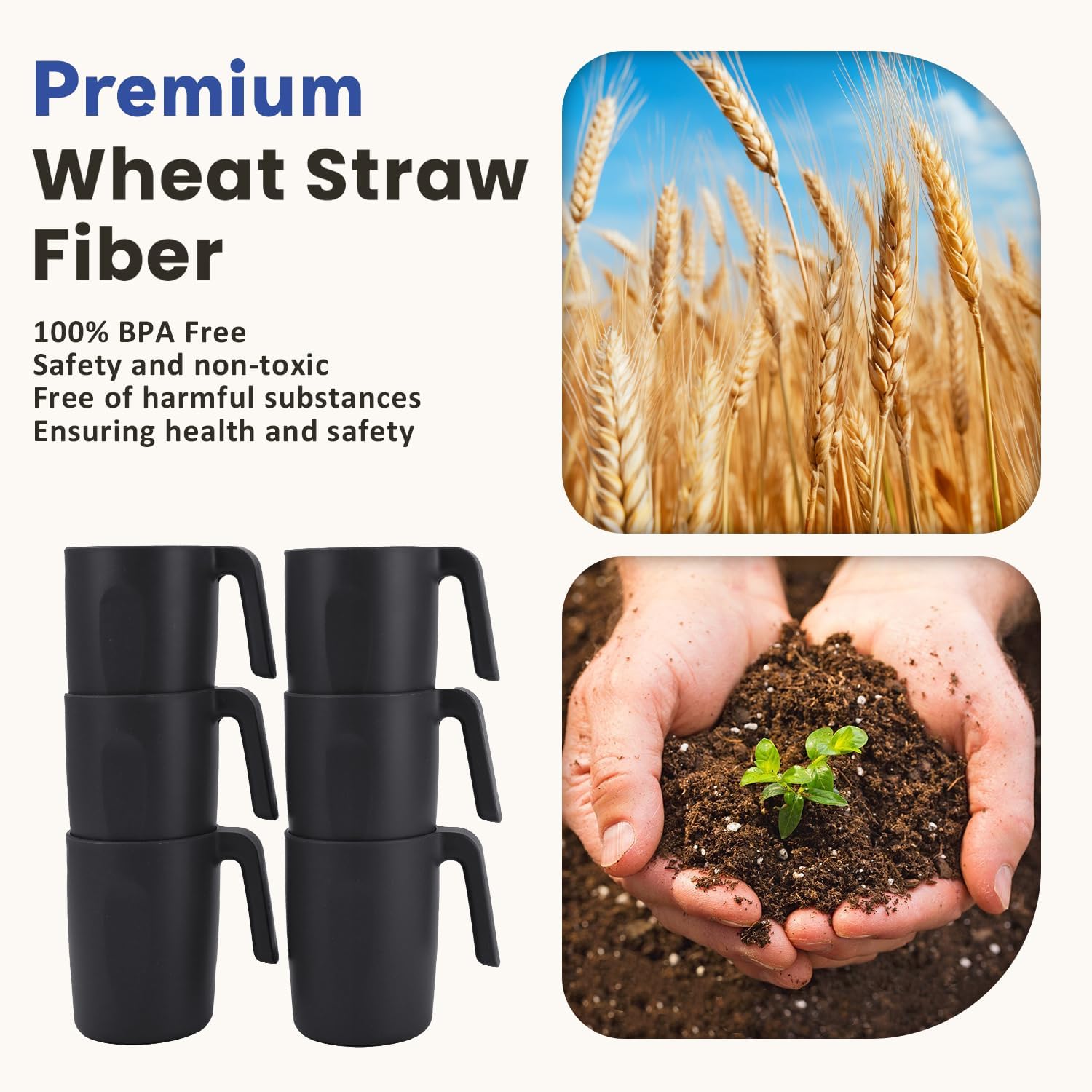 Unbreakable Coffee Mug Set - 6 Wheat Straw Reusable Cups | Dishwasher Safe Drinking Glasses | Alternative to Plastic