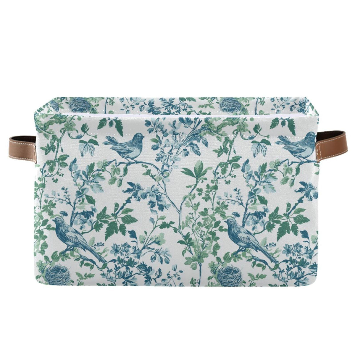Chinoiserie Flower Bird Canvas Basket Storage Bin with PU Handle