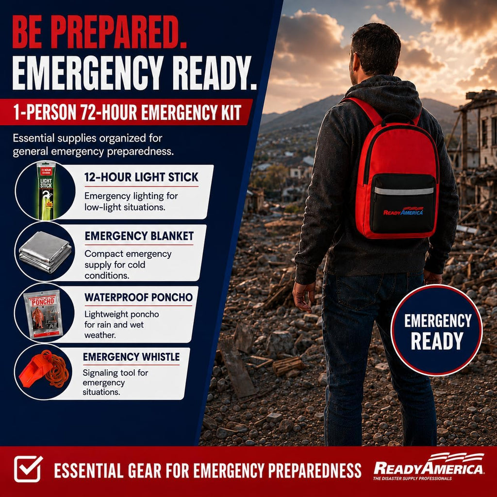 70180 72 Hour Emergency Kit, 1-Person, 3-Day Backpack, Includes First Aid Kit, Survival Blanket, Emergency Food