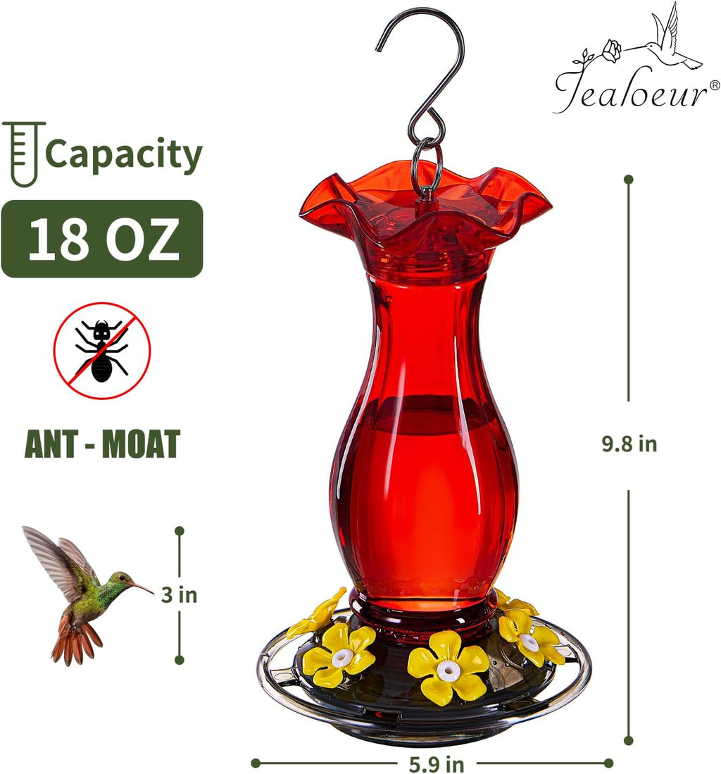 Hummingbird Feeder for Outdoors Hanging, 18 OZ Humming Birds Feeders with 6 Bee Guard Feeding Ports & Built-in Ant