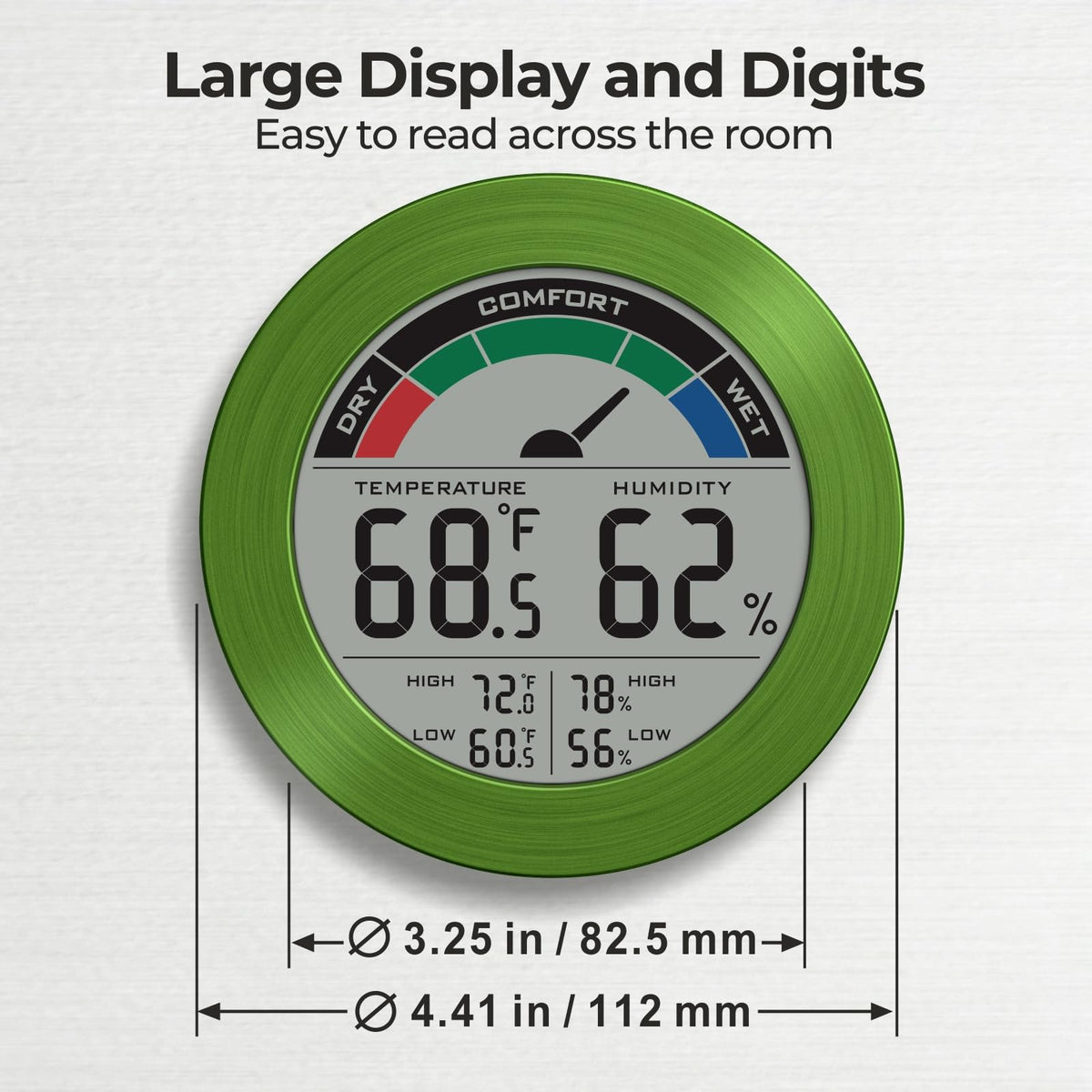 Digital Hygrometer Indoor Thermometer, Brushed Metal Frame, Green