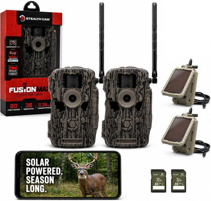 Fusion MAX 2-Pack Cellular Trail Camera Bundle with 2 Solar Panels & 2 SD Cards - 36MP Photo & 720P HD Video, 0.35