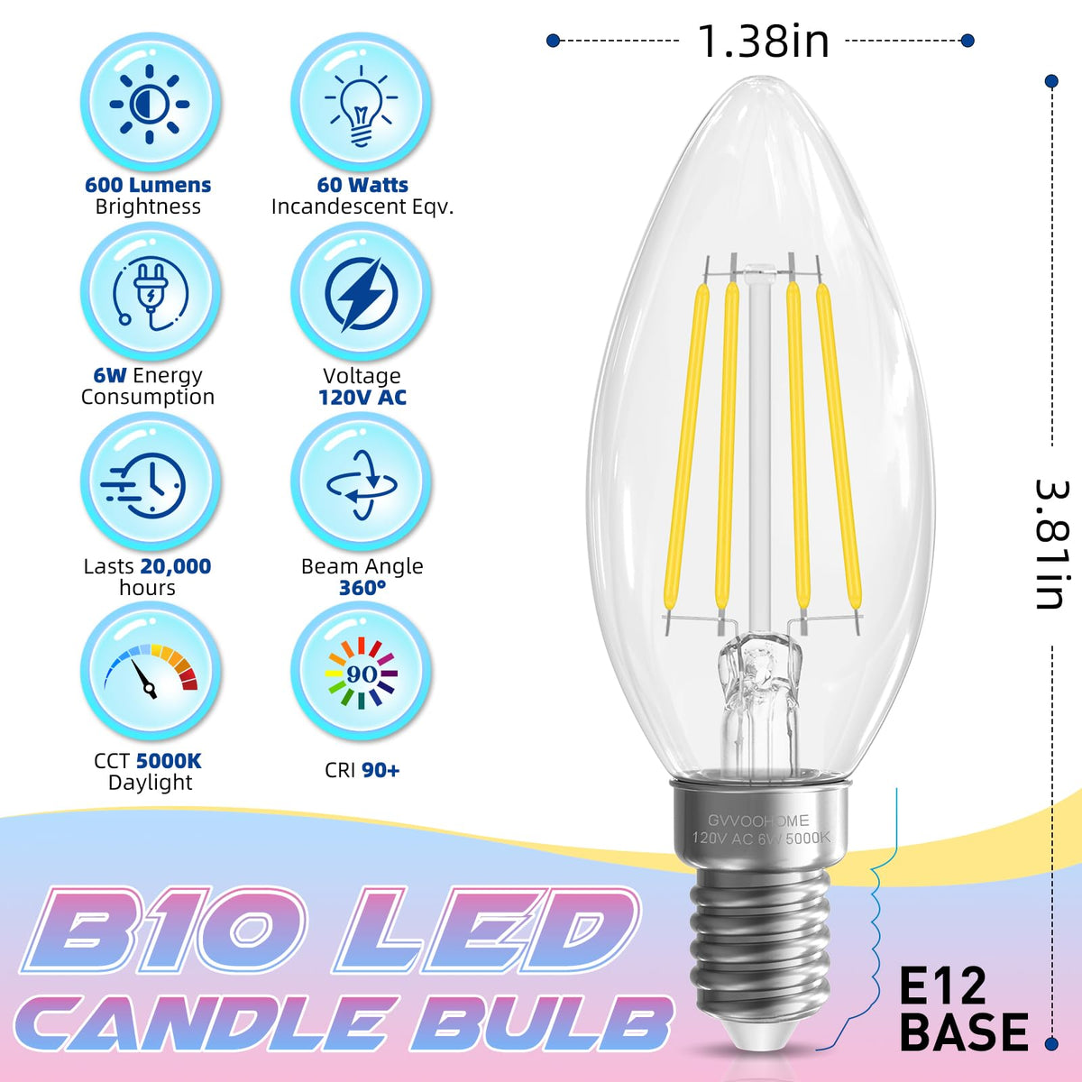 E12 Candelabra Bulb, 5000K Daylight, 60W Equivalent, E12 LED Bulb