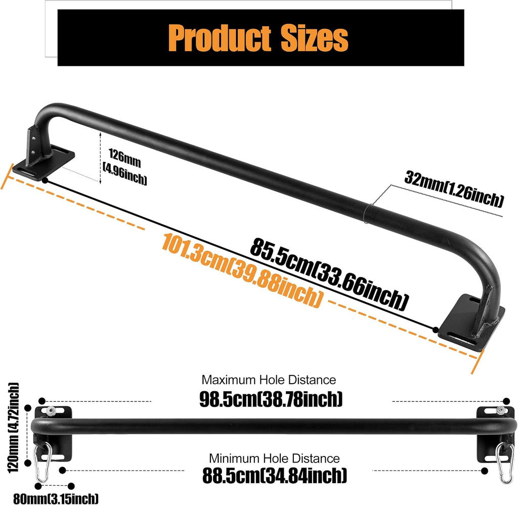 Wall Mounted Pull Up Bar, Carbon Steel Doorway Chin Up Bar for Home Gym | Reinforced plate supports fit joists and