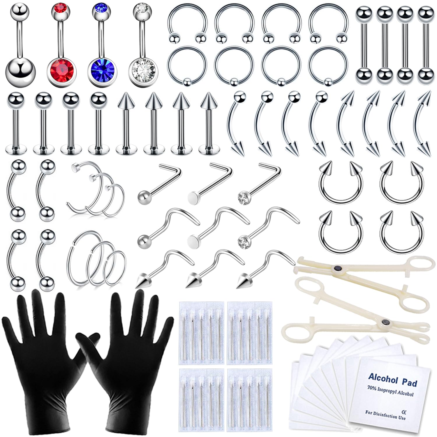 89 Pcs Body Piercing Kit for All Body Piercings Nose Piercing Stainless Steel Piercing Jewelry with 12G 14G 16G 20G