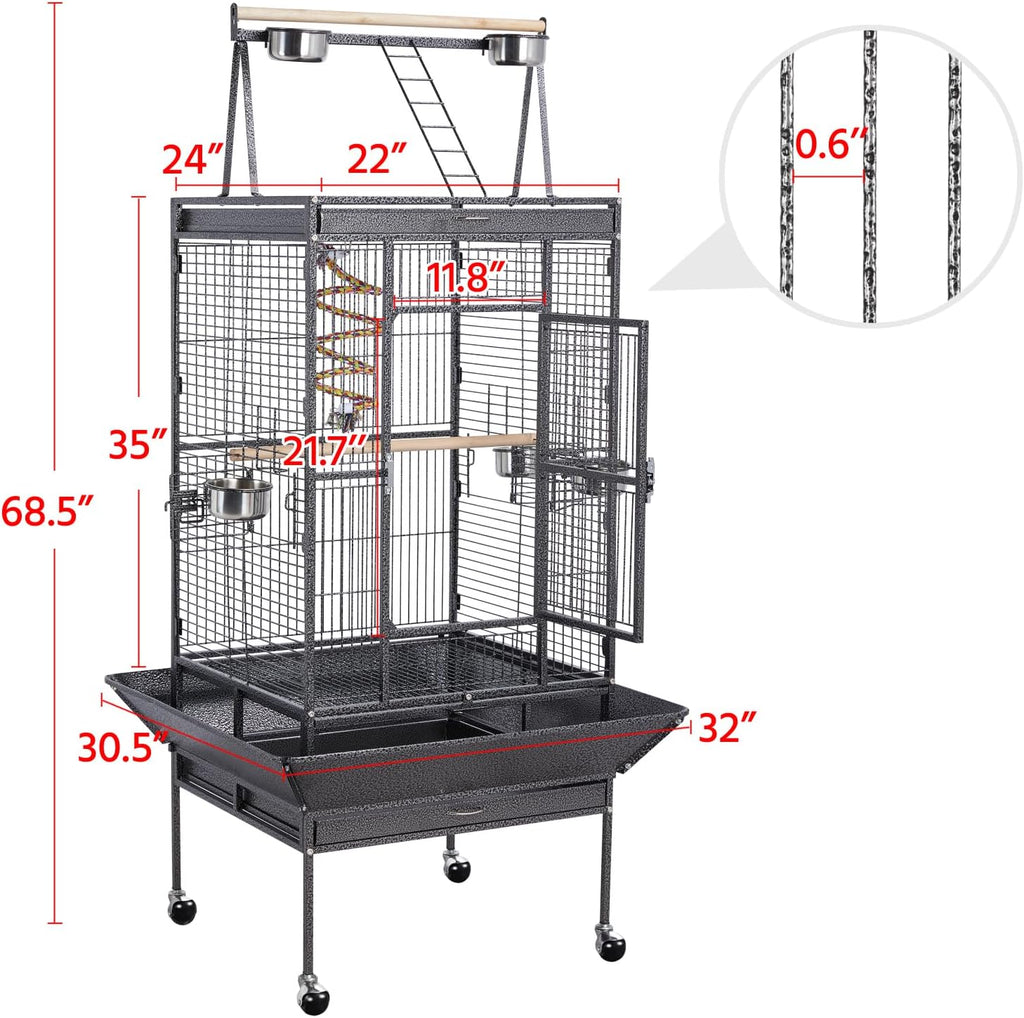 69" Large Bird Cage, Rolling Parrot Cage for Parakeets Cockatiels | Play Top with Ladder & Feeders, Slide-Out Tray