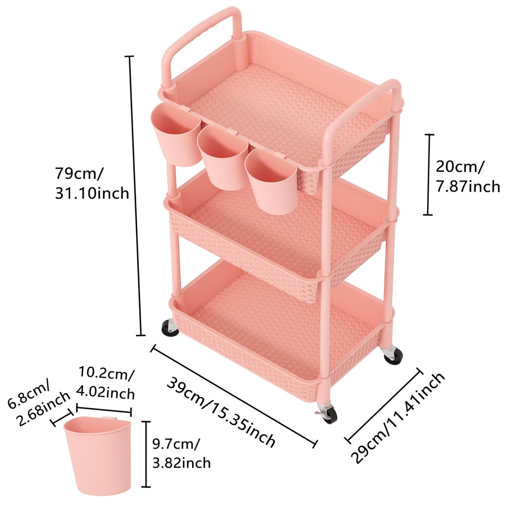 3-Tier Plastic Rolling Utility Cart with Handle,Pink