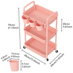 3-Tier Plastic Rolling Utility Cart with Handle,Pink