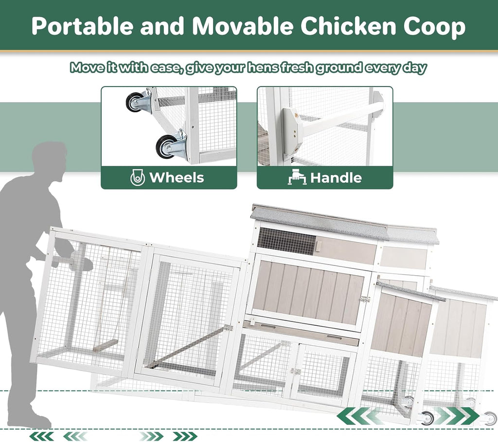 Chicken Coop with Wheels, Weatherproof Large Hen House Mobile Chicken Tractor with Nesting Box, Roosting Bars