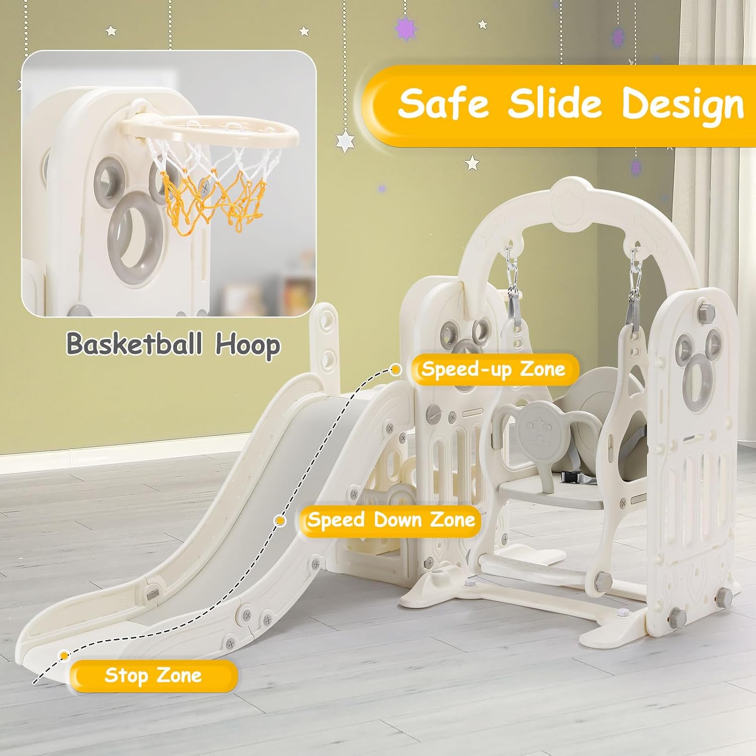 7 in 1 Toddler Slide and Swing Set, Freestanding Kids Large Climber Playset with Basketball Hoop,Storage Space, Baby