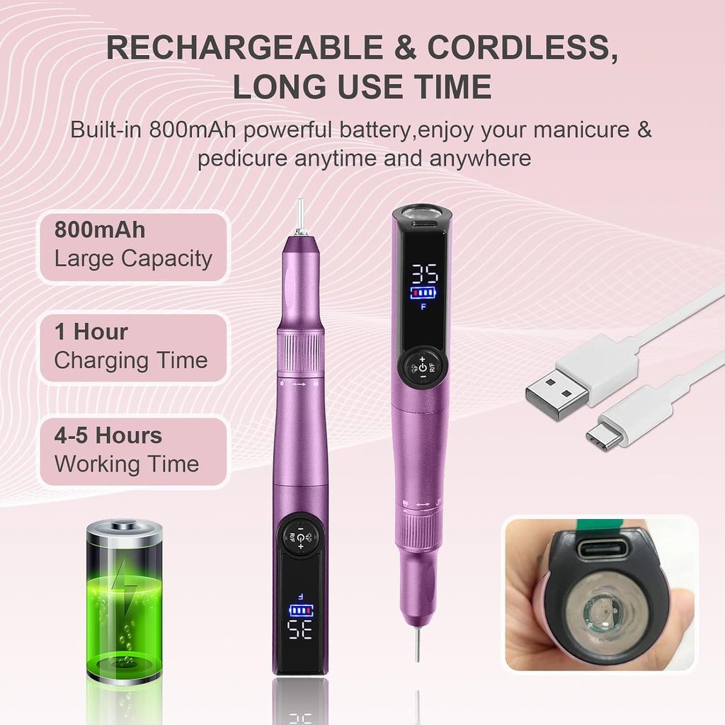 Electric Nail Drill Rechargeable Professional,2 in 1 Nail Grinder & UV Lamp Combo,35000 RPM,Portable Cordless Nail