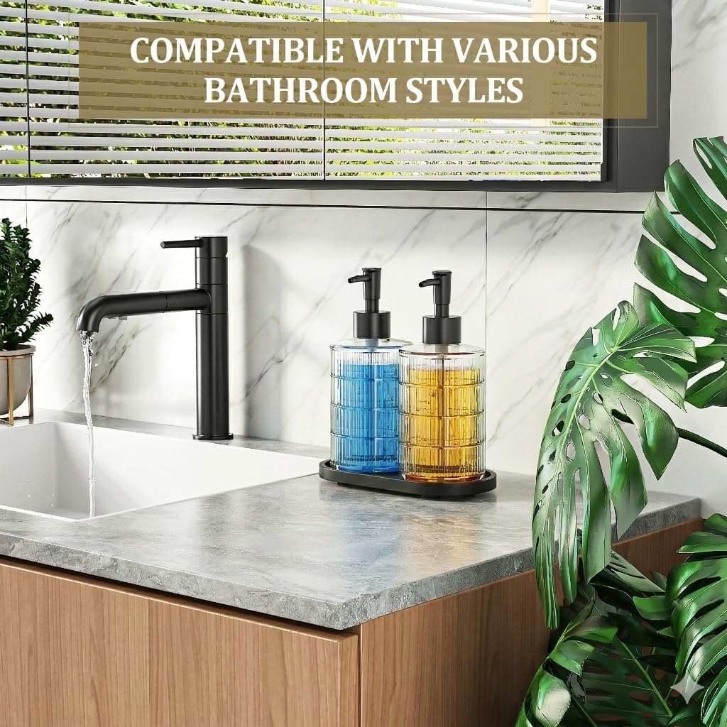 Soap Dispenser Set with Bamboo Tray, Dish and Hand Soap Lotion Dispenser Set with Wooden Pump for Kitchen and