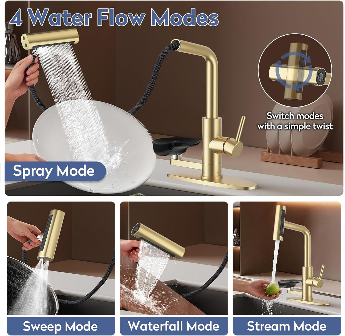 Pull Down Kitchen Faucet with Glass Rinser (Brushed Gold)
