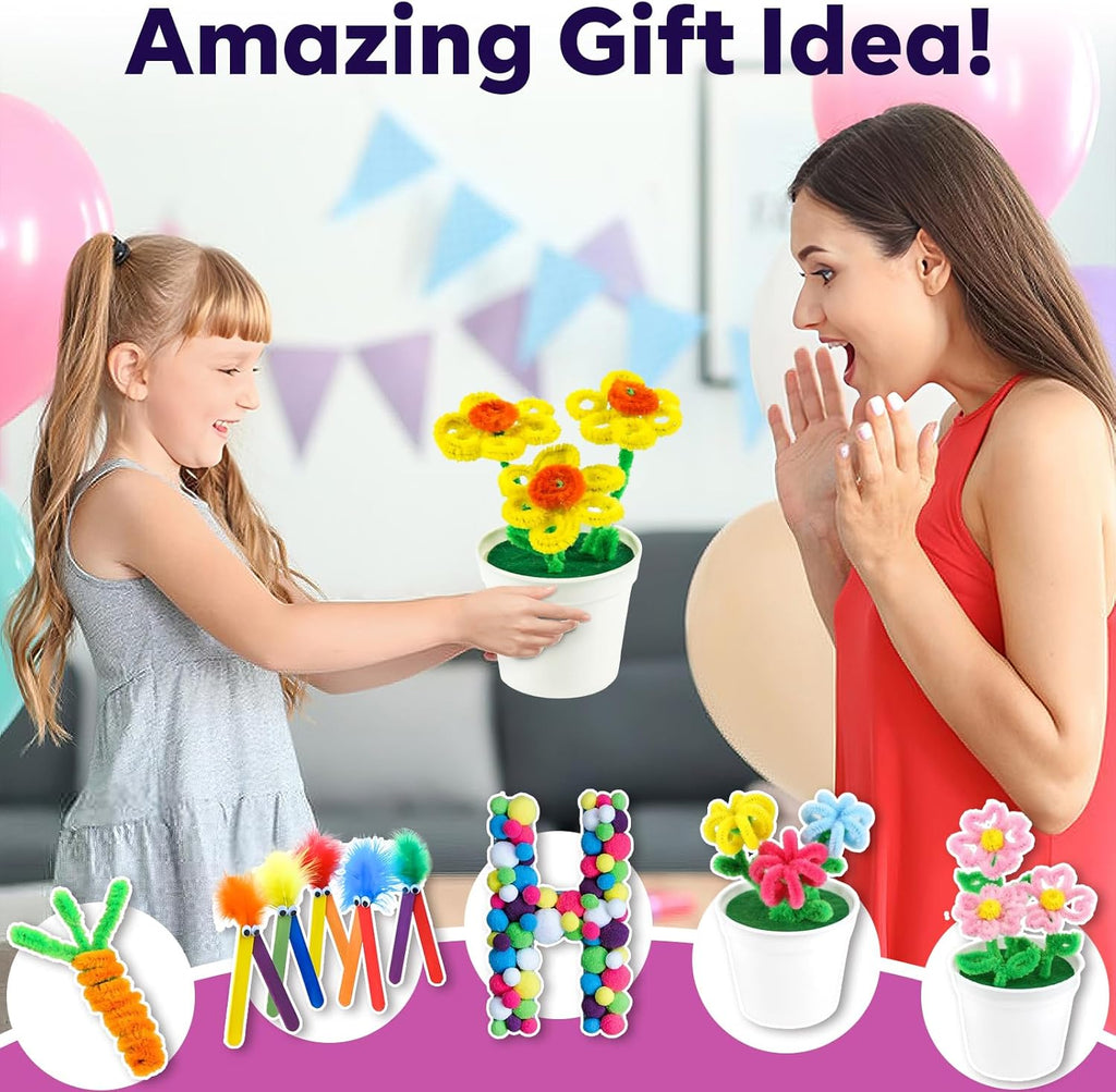 Arts and Crafts Supplies for Kids - Toddlers Craft Kit with Glitter Glue Stick, Pipe Cleaners, Pom Poms, Popsicle