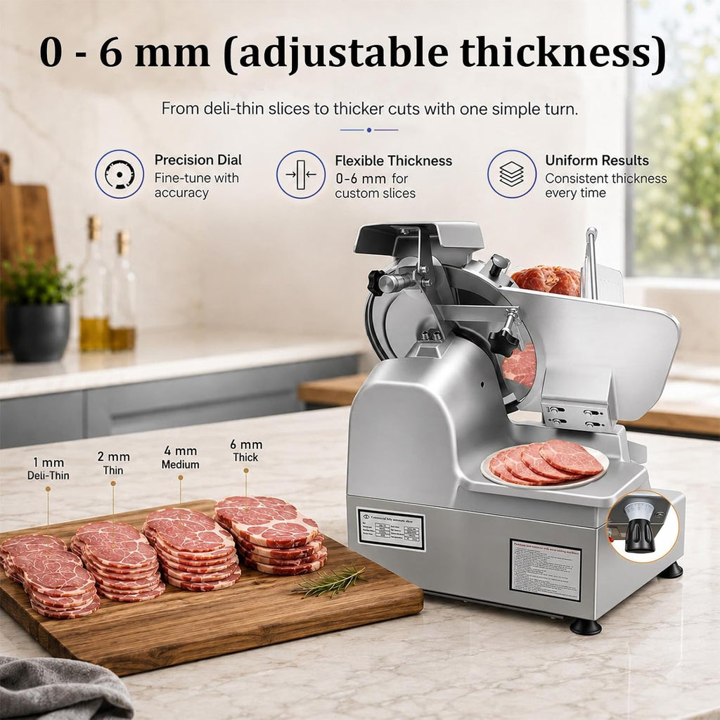 Meat Slicer 550W Automatic, Electric Food Slicer Machine with 10 in Carbon Steel Blade, 0-6mm Thickness Adjustable