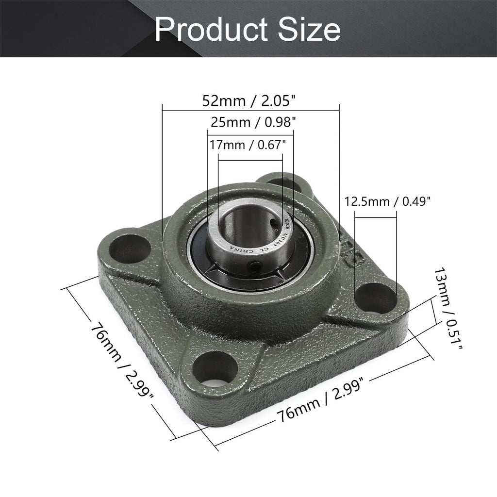 Heyiarbeit UCF203 Pillow Block Bearing Bore 17mm Square Flange Mounted Chrome Steel Bearings Pack of 2Pcs