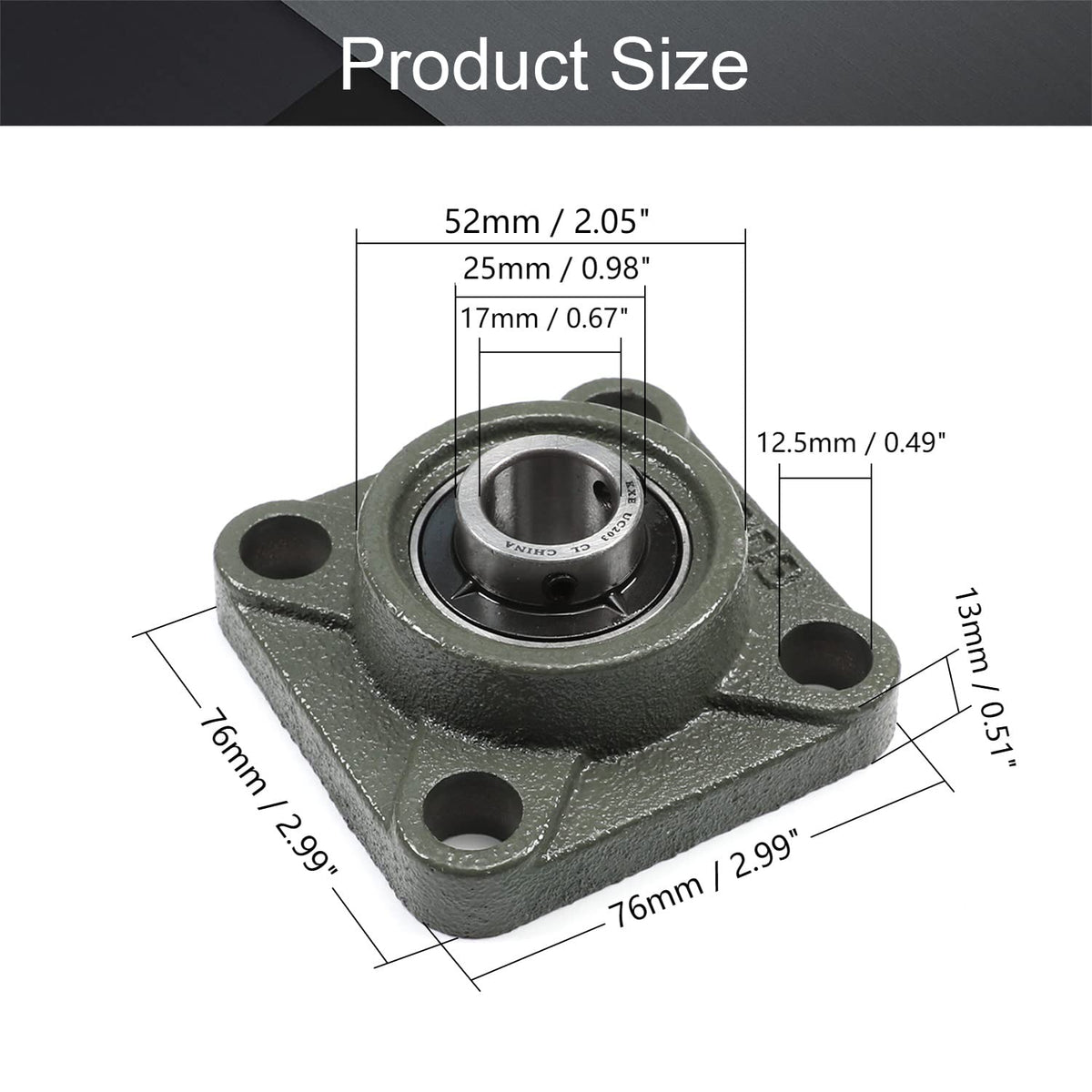 Heyiarbeit UCF203 Pillow Block Bearing Bore 17mm Square Flange Mounted Chrome Steel Bearings Pack of 2Pcs