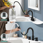 Bathroom Faucet 3 Hole with Pull Down Sprayer Matte Black, 2-Handle