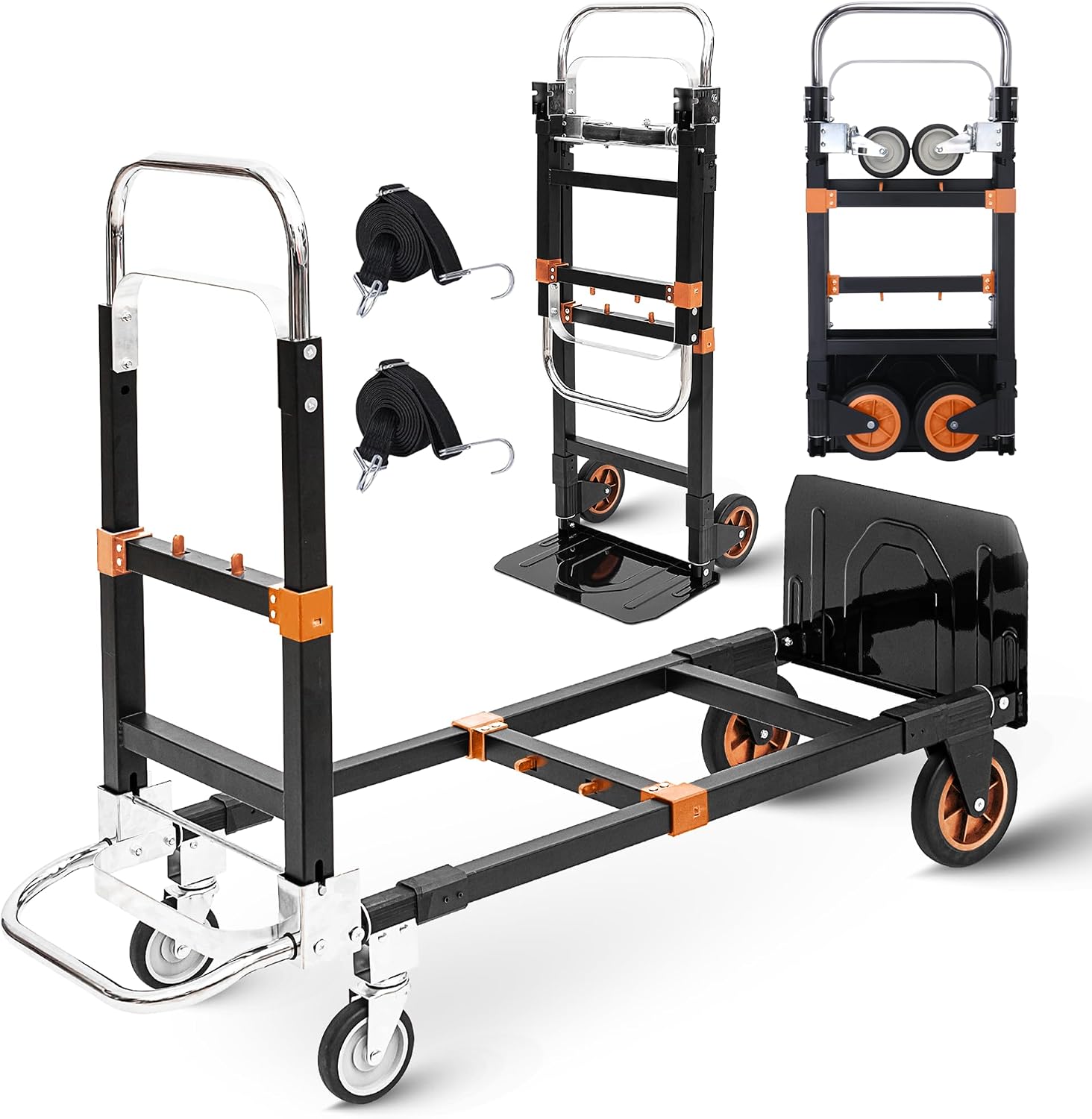 Upgraded 3 in 1 Folding Hand Truck, 500lbs Capacity Heavy Duty Convertible Dolly cart with Rubber Wheels, Collapsible