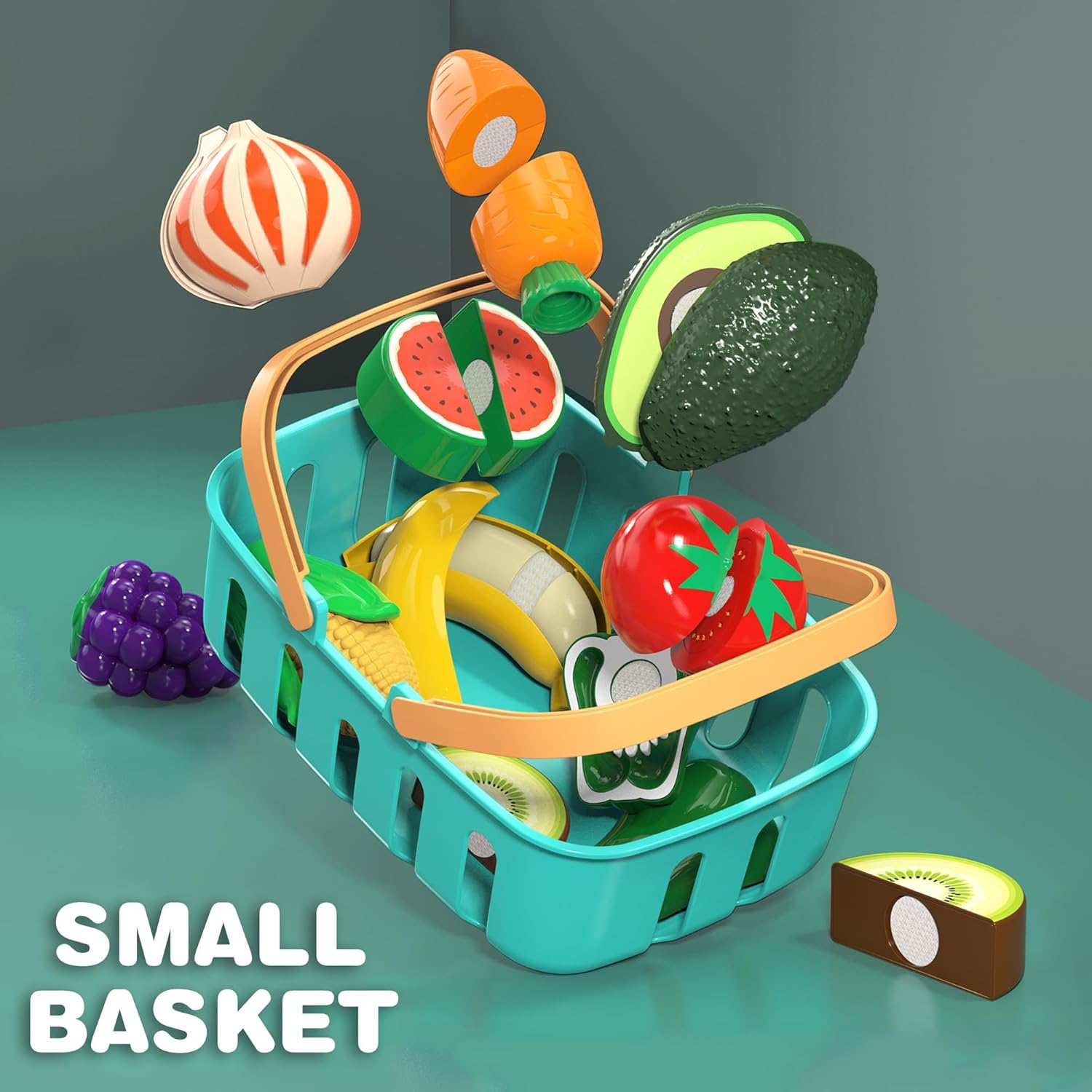 Cutting Play Food Toys For Kids, Pretend Play Kitchen Accessories, Fake Fruits/Vegetables Set With Shopping Storage