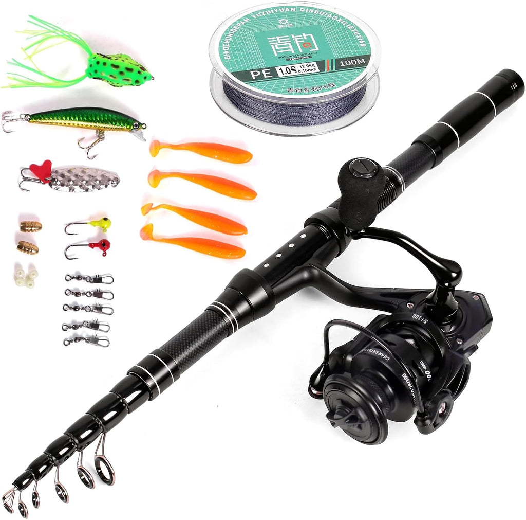 Telescopic Fishing Rod and Reel Combo, Carbon Fiber Collapsible Travel Fishing Pole Kit with Carrier Case & Lures