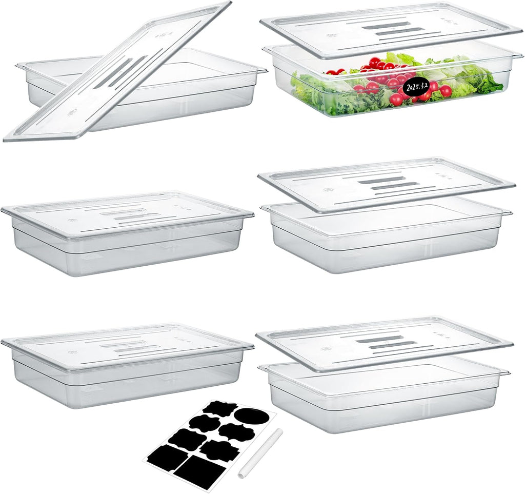 6 Pack Full Size 4'' Deep NSF Polycarbonate Food Pans with Lids
