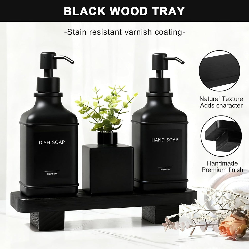 Modern Kitchen Soap Dispenser Set with Wood Tray, Black Glass Soap Dispenser with Pump, Decorative Hand and Dish Soap