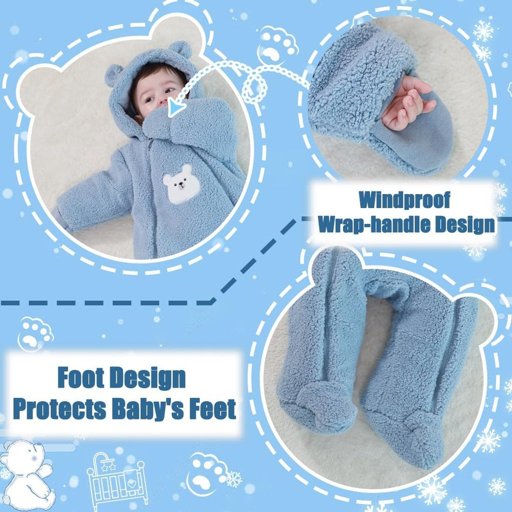 Newborn Baby Winter Snowsuit Bear Thick Romper Footie Double Zip Hooded Jumpsuit Fleece Coat Infant Boy Girl 0-12M