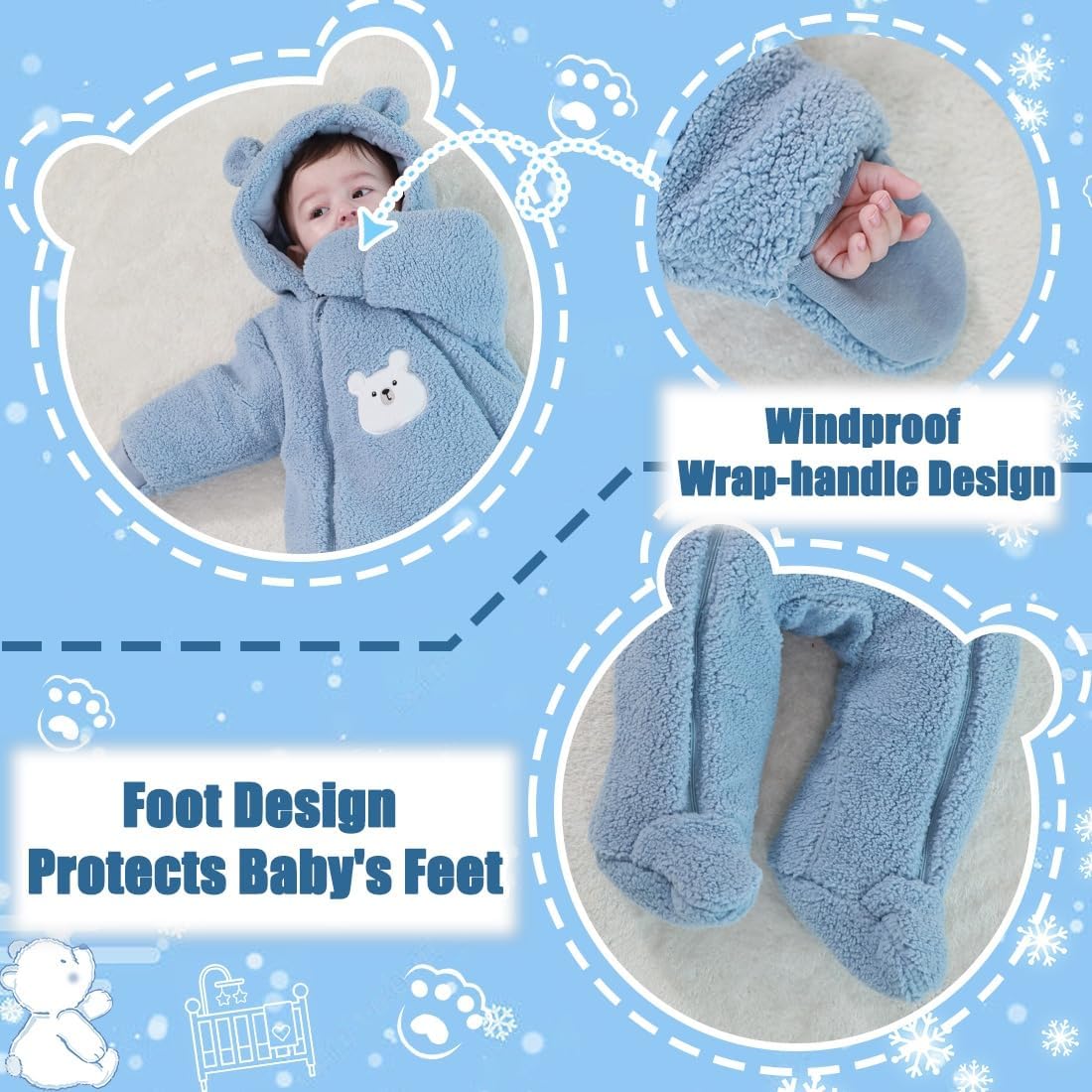 Newborn Baby Winter Snowsuit Bear Thick Romper Footie Double Zip Hooded Jumpsuit Fleece Coat Infant Boy Girl 0-12M