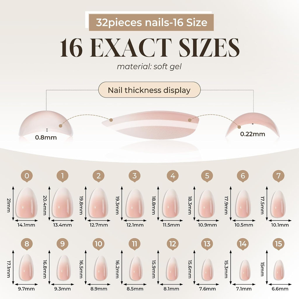 Press On Nails Short Almond: Ombre Soft Gel Press Ons Kit with Nail Tips Glue on Nails, 16 Sizes - 32 Reusable Fake