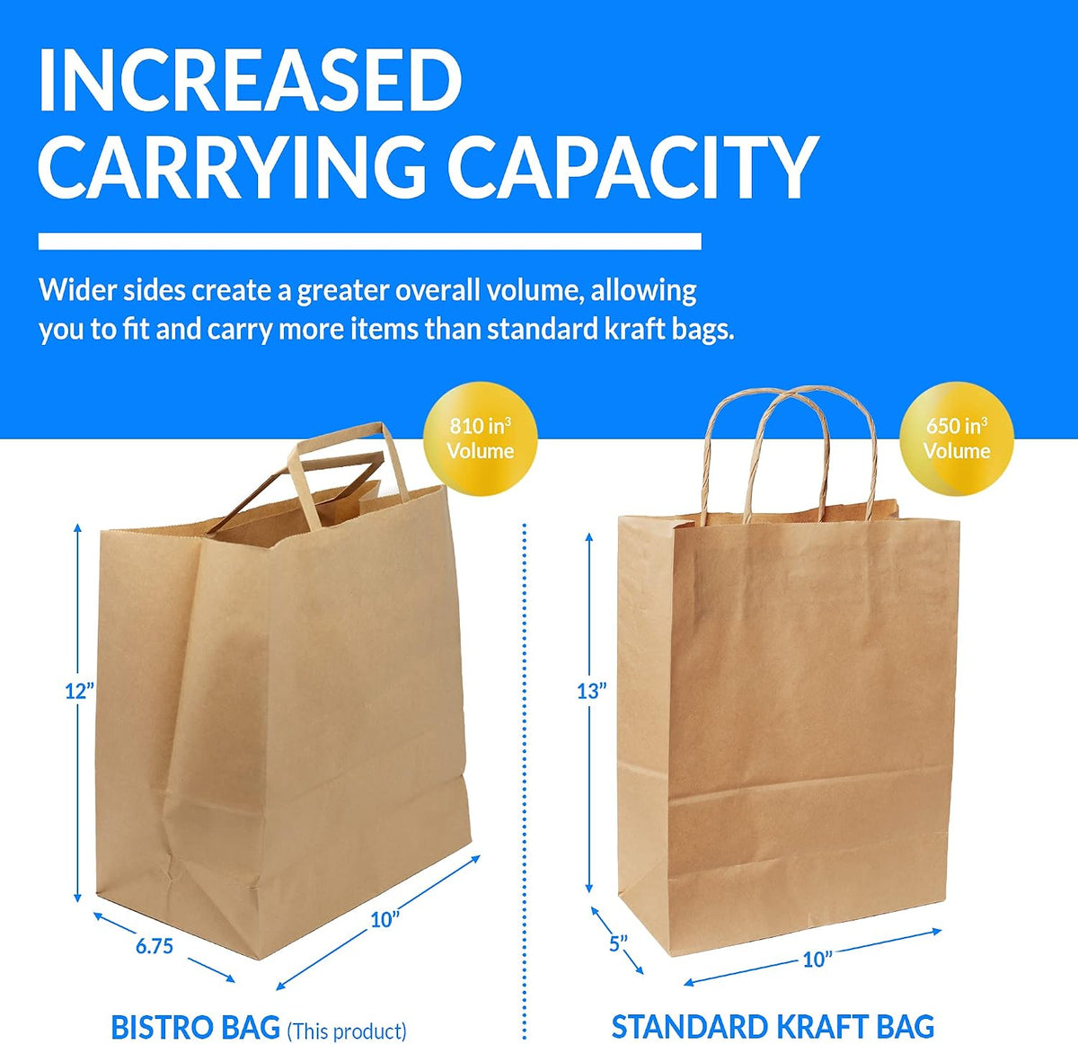 Kraft Paper Bags w/Handles (100 Pcs, Bulk) (Large 10"x6.75"x12")