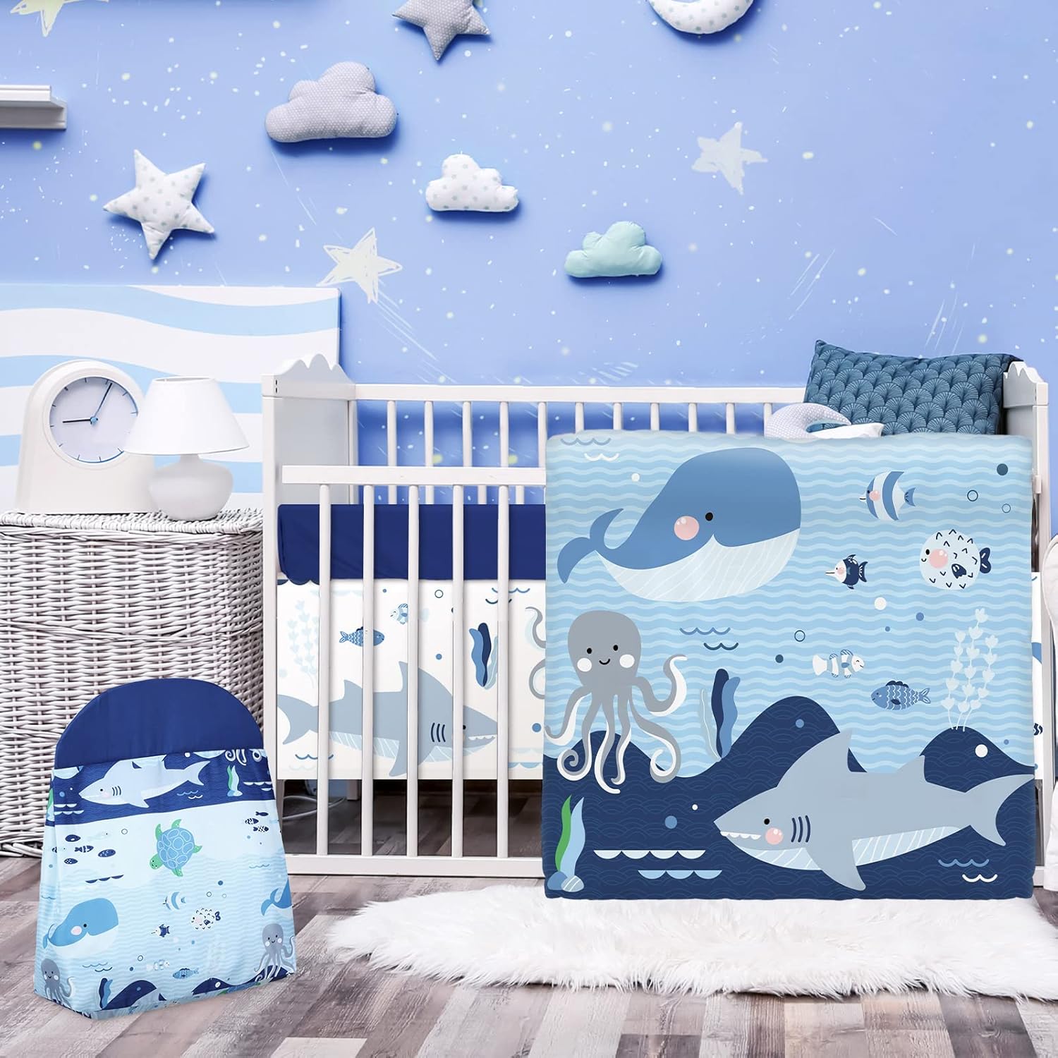 4 Pieces Baby Crib Bedding Set, Nursery Bedding Standard Size Soft Baby Bedding Set Including Crib Skirt, Blanket