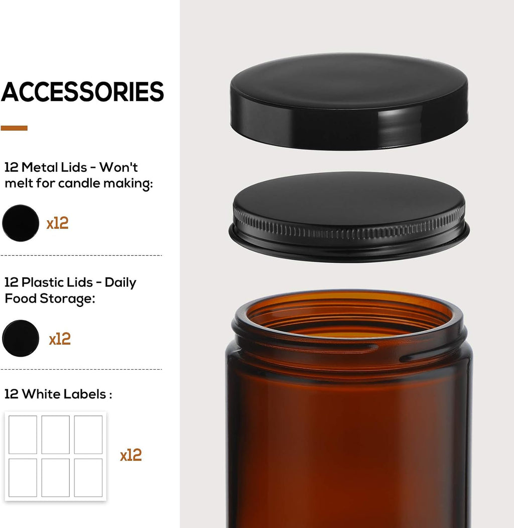 12 Pack, 8 OZ Dark Amber Candle Jars for Making Candle - Thick Glass Jars with 12 Metal & 12 Plastic Lids - Empty