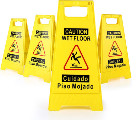 4-Pack Caution Wet Floor Sign,17.5" Height,Bright Yellow Double-Sided Folding A-Shaped Frame Design, Bilingual