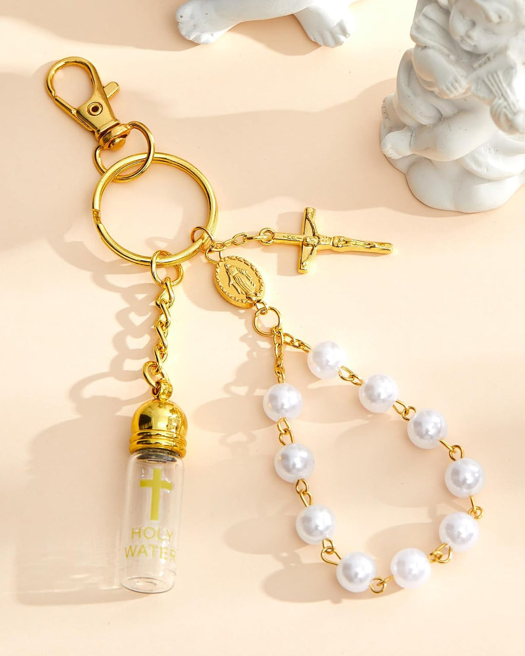 10 Set Holy Water Bottle Keychain with Rosary Bead Crucifix Organza Bags Catholic Gifts for Baptism Favors First