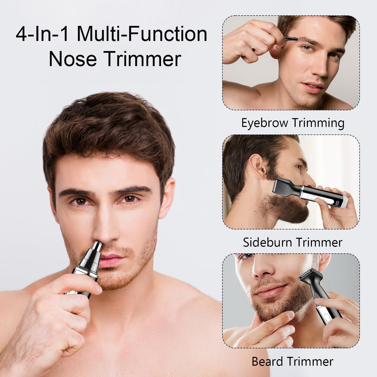 Nose Hair Trimmer for Men and Women: 4-in-1 Rechargeable Grooming Kit for Nose, Ear, Eyebrow & Beard, LED Display