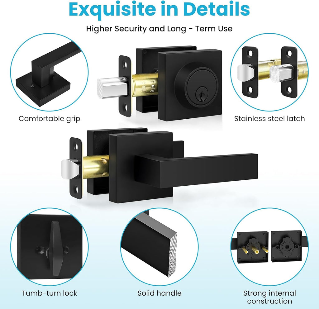 Exterior Door Lock Sets, Matte Black Passage Door Handle and Single Cylinder Deadbolt Lock Combo, Modern Square Door