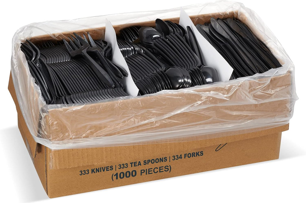 1,000 Plastic Disposable Cutlery Bulk Variety Pack Black Medium Weight