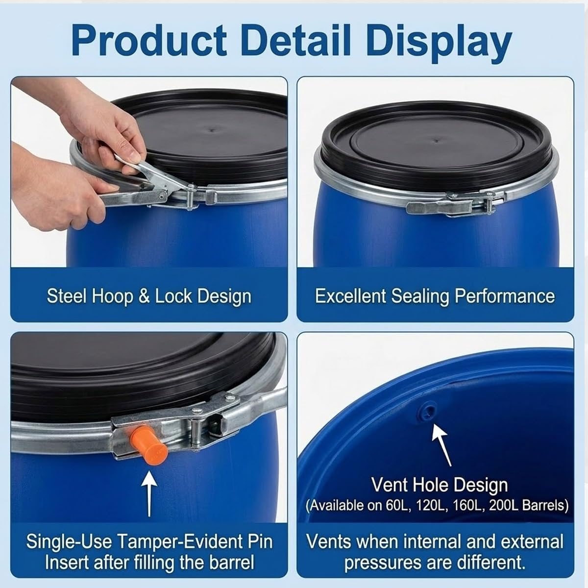 Rain Drum for Outside 30 50 60 65 100 120 160 200L Water Storage Containers Blue Food Grade Plastic Drum with Lid