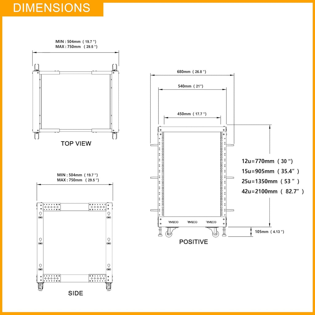 RIVECO 12U Server Rack Adjustable Depth Network 4 Post Cabinet Open Frame with Leveling Feet & Wheels Fully Rivets 1400 LBS