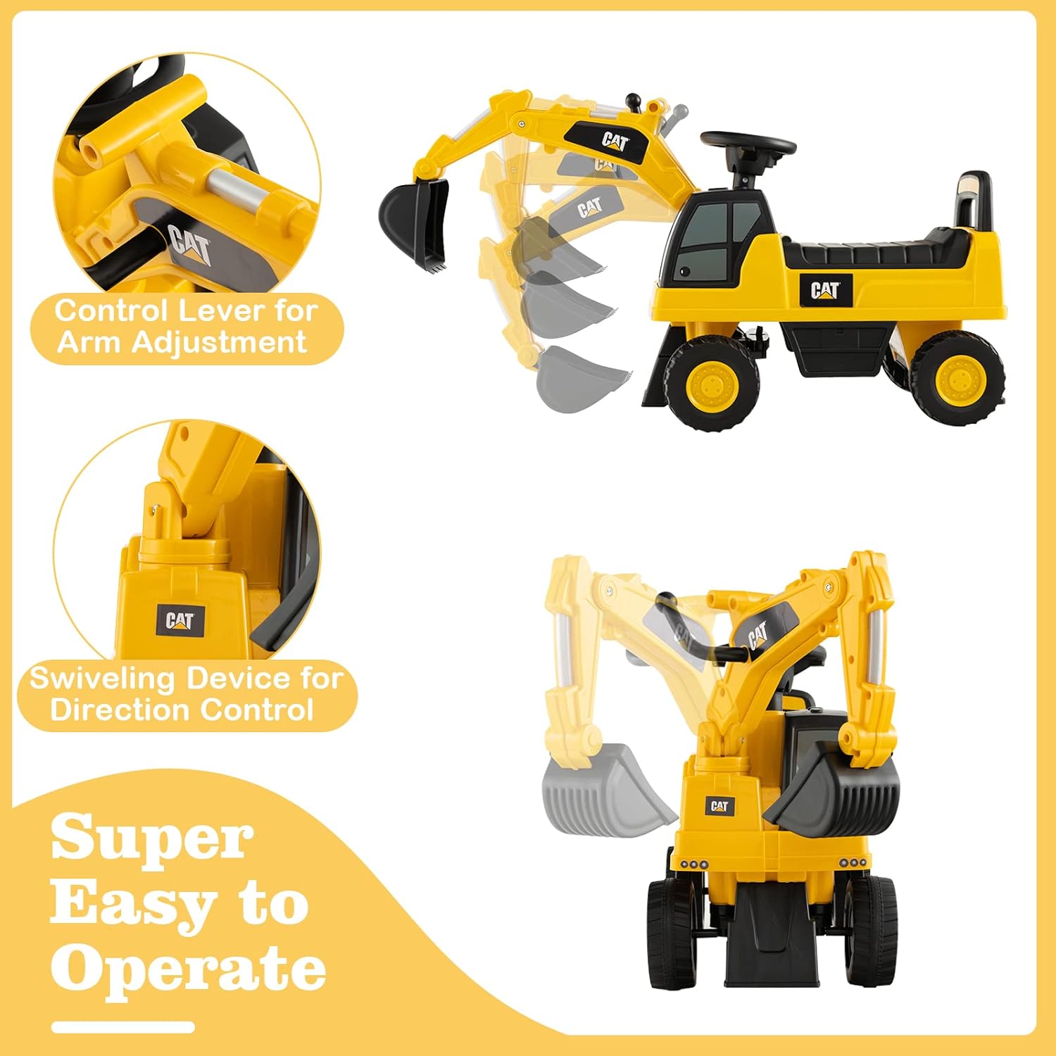 Licensed Caterpillar Ride on Excavator, Toddler Ride on Push Car with Digging Bucket, Under Seat Storage, Foot to