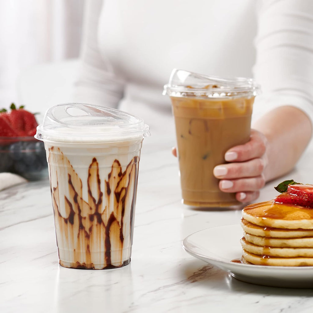 [100 Count] Crystal Clear Strawless PET Plastic Lids for 12, 16, 20 & 24 oz. Milkshake Cups - (Formerly Comfy Package)