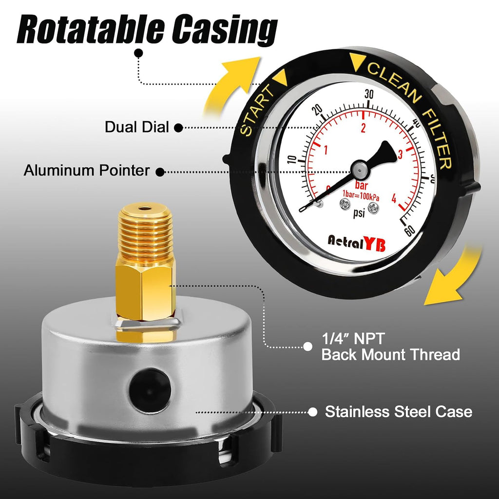 60Psi Pool Filter Pressure Gauge, IP67 Waterproof,2" Dial,1/4NPT