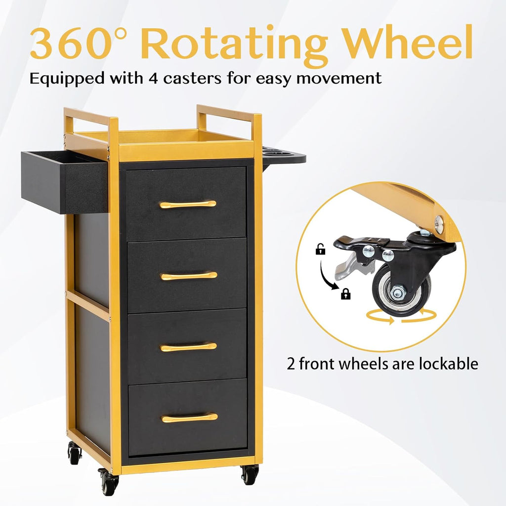 Beauty Salon Trolley Cart w/4 Drawer, 5 Tool Holders, Black & Gold | Lockable Salon Cabinet with 360° Wheels, Mobile