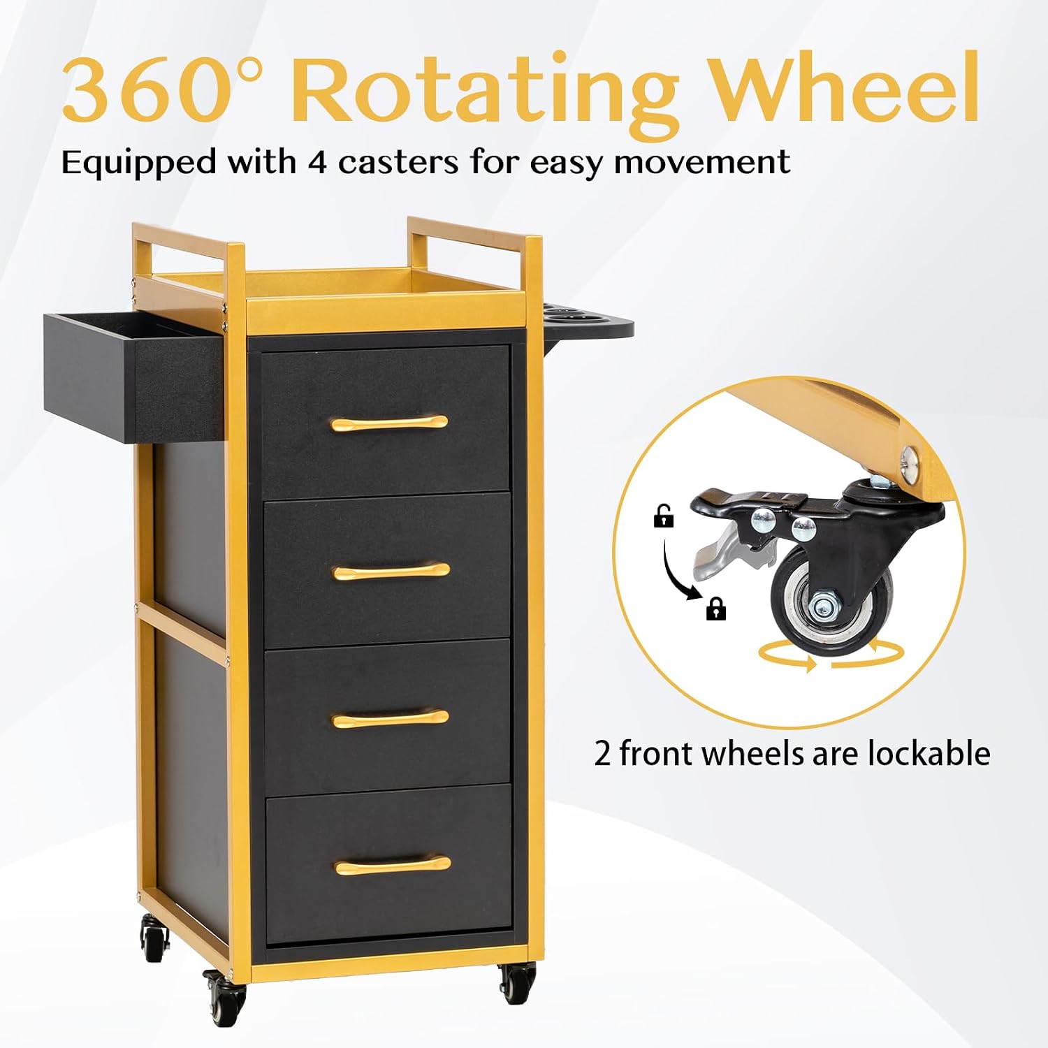 Beauty Salon Trolley Cart w/4 Drawer, 5 Tool Holders, Black & Gold | Lockable Salon Cabinet with 360° Wheels, Mobile